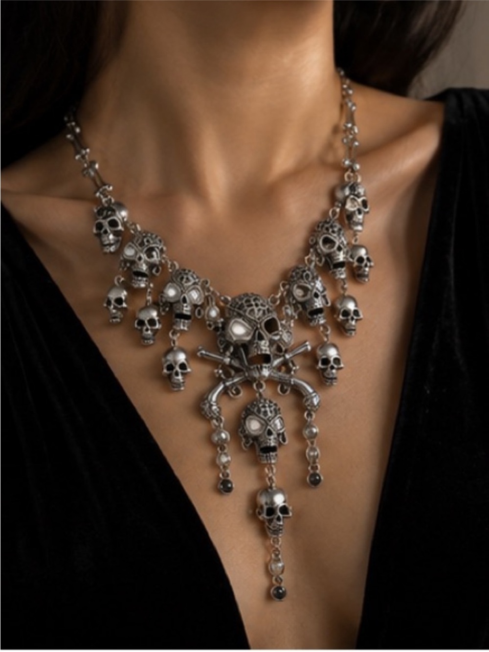 Silver Skull & Crossbones Gothic Couture Necklace